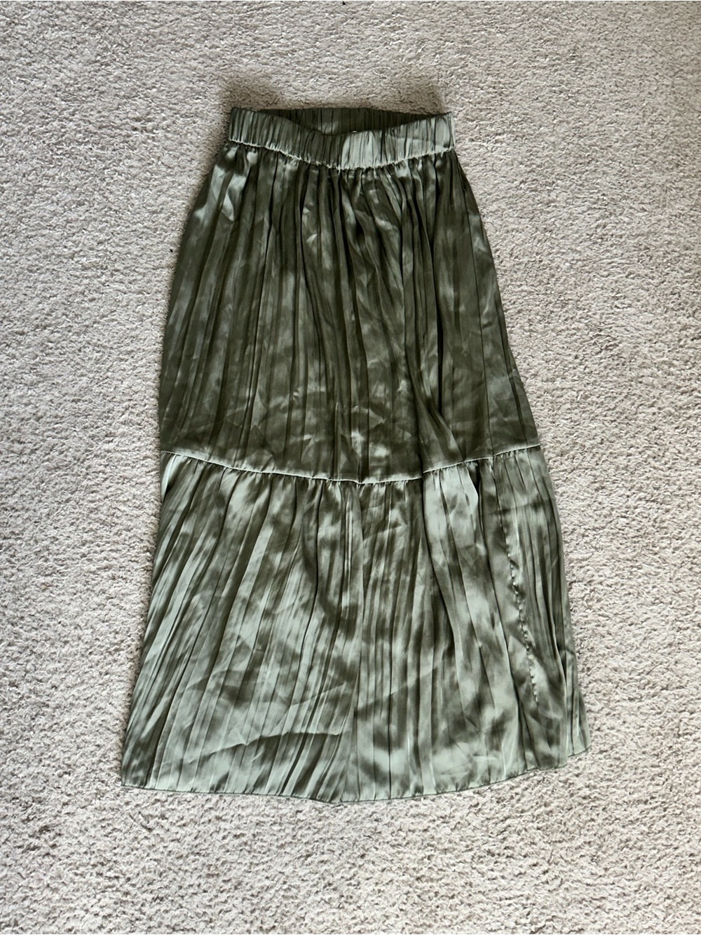 Philosophy satin Olive Green Pleated Tiered Maxi Skirt